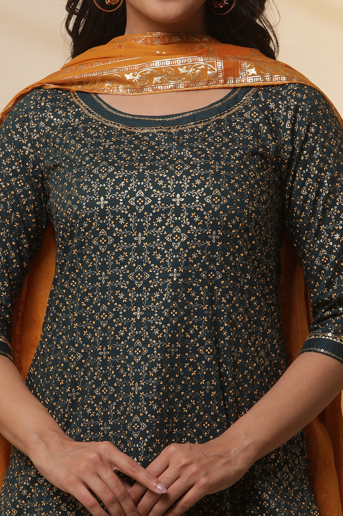 Green Printed Round Neck Kurta, Semi-Flared Palazzo and Dupatta Set