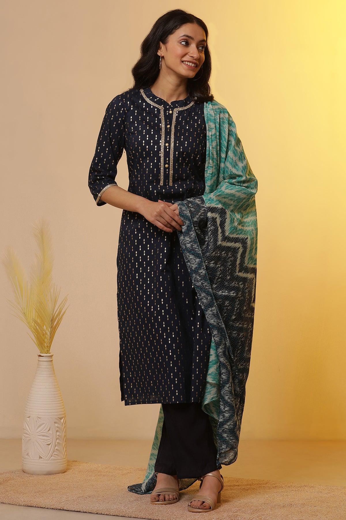 Blue Ikat Foil Printed Kurta, Palazzo and Dupatta Set - S