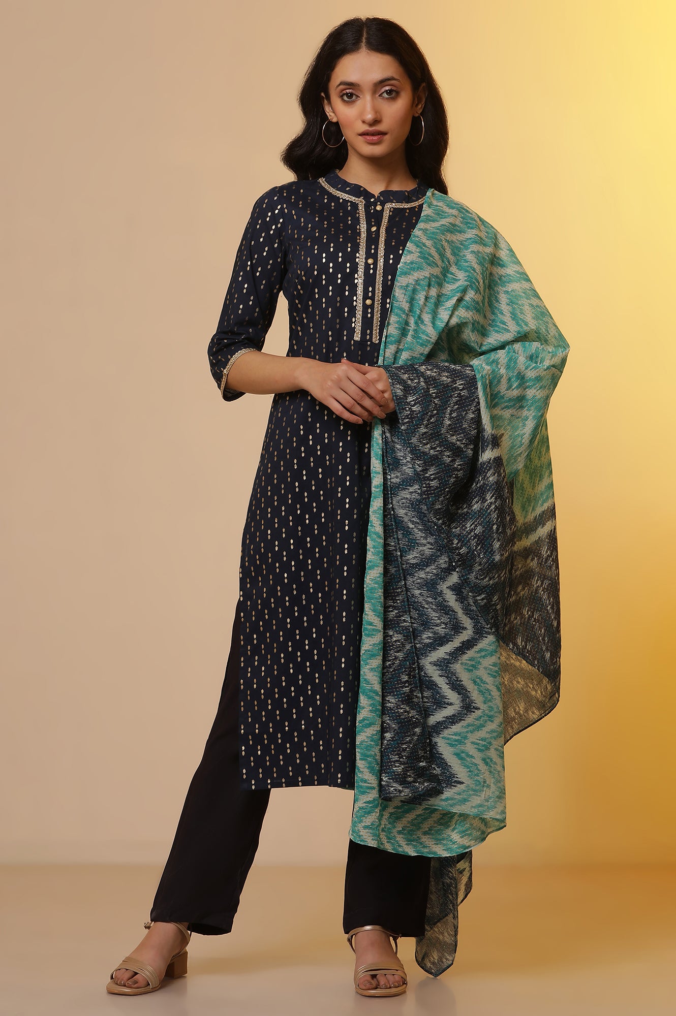 Blue Ikat Foil Printed Kurta, Palazzo and Dupatta Set