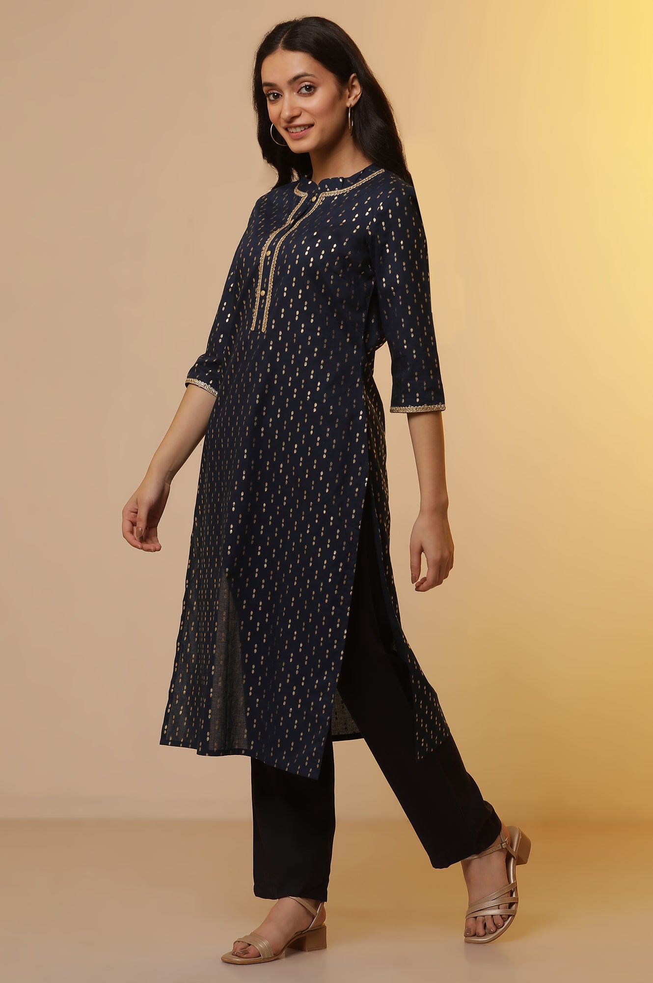 Blue Ikat Foil Printed Kurta, Palazzo and Dupatta Set