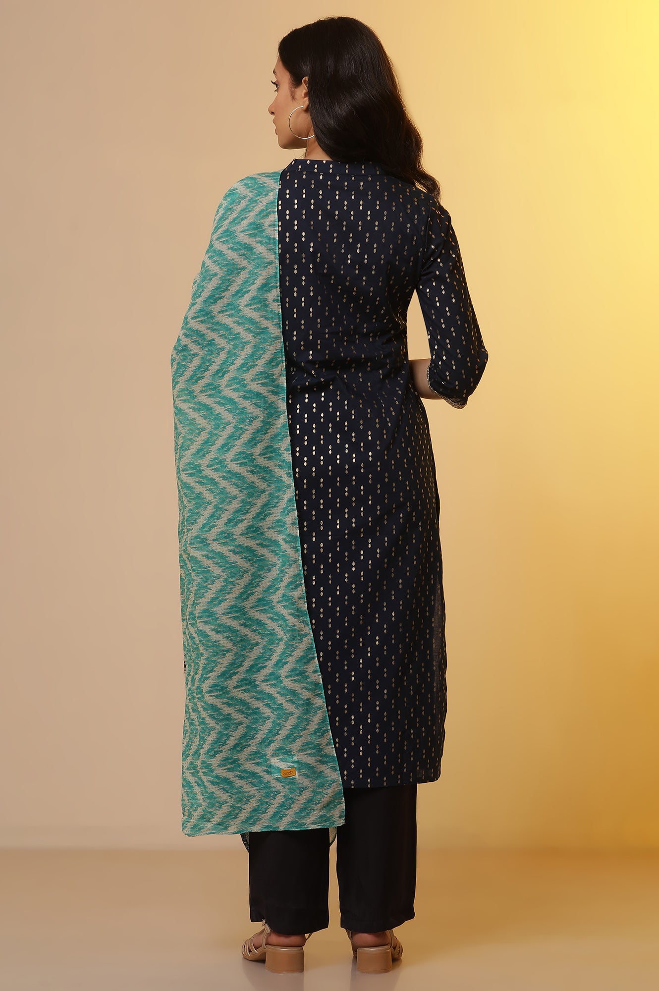 Blue Ikat Foil Printed Kurta, Palazzo and Dupatta Set