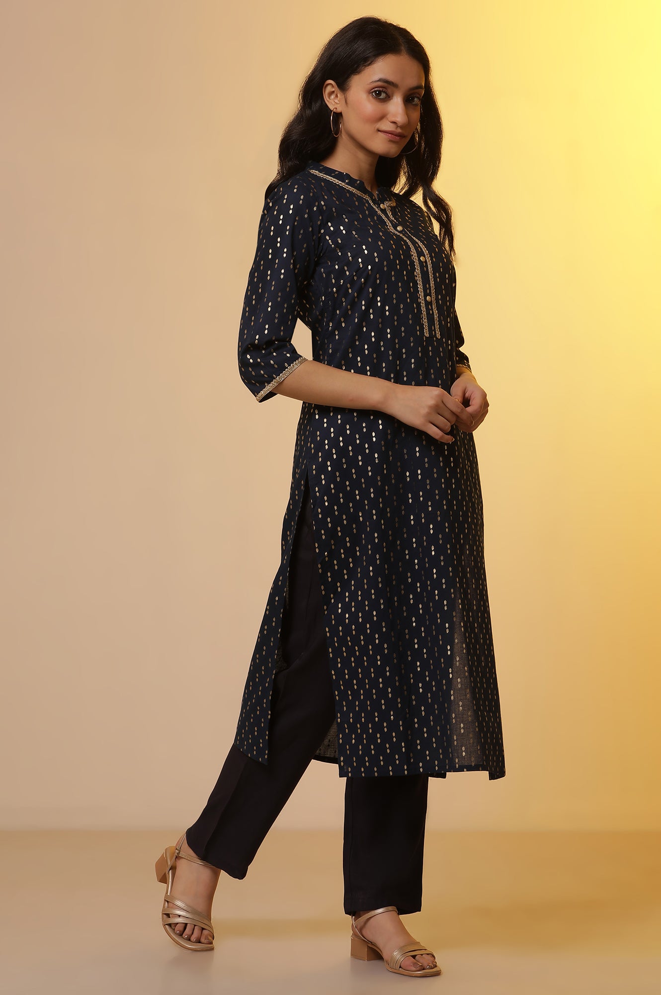 Blue Ikat Foil Printed Kurta, Palazzo and Dupatta Set