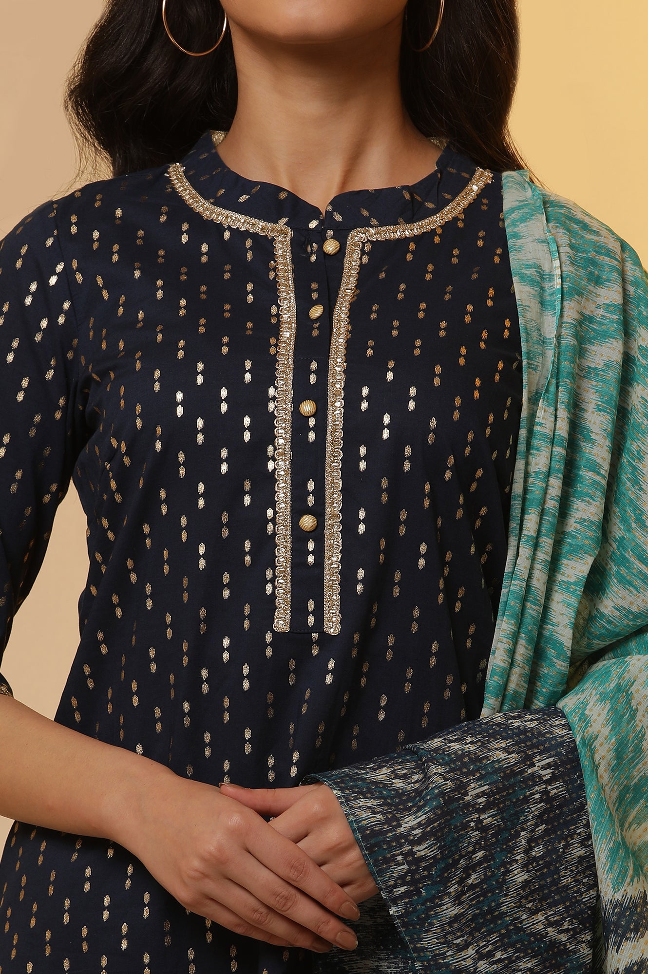 Blue Ikat Foil Printed Kurta, Palazzo and Dupatta Set