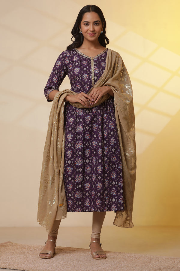 Purple Floral Printed Embellished Pure Cotton Flared Kurta & Tights Set with Dupatta