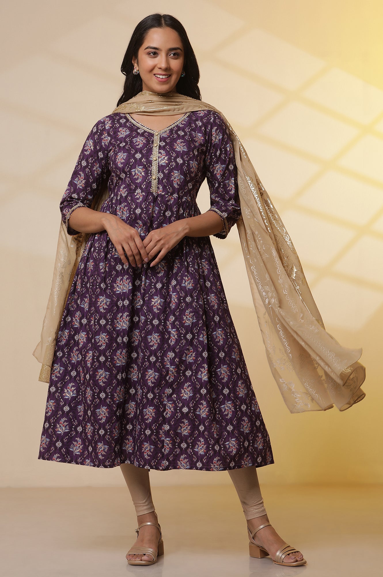 Purple-Floral-Printed-Embellished-Pure-Cotton-Flared-Kurta-&amp;-Tights-Set-with-Dupatta