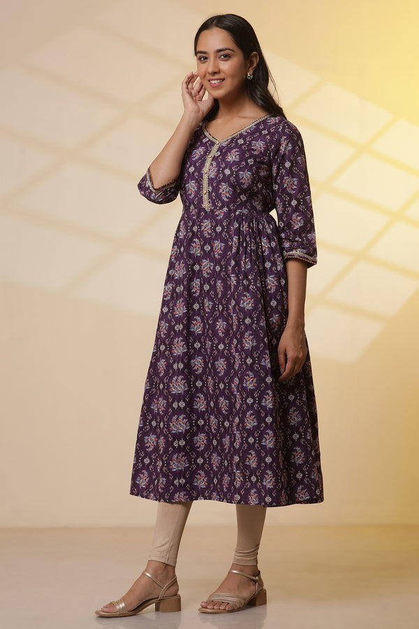 Purple Floral Printed Embellished Pure Cotton Flared Kurta & Tights Set with Dupatta