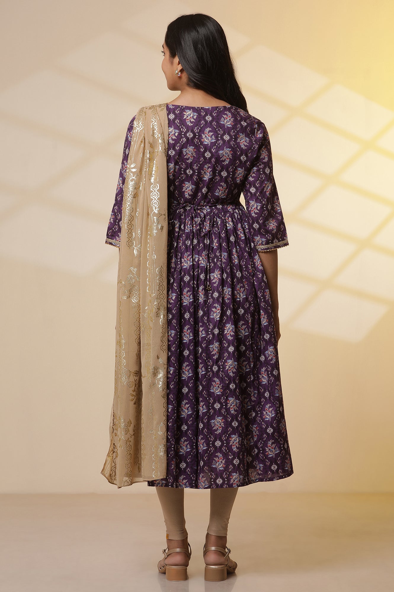 Purple-Floral-Printed-Embellished-Pure-Cotton-Flared-Kurta-&amp;-Tights-Set-with-Dupatta