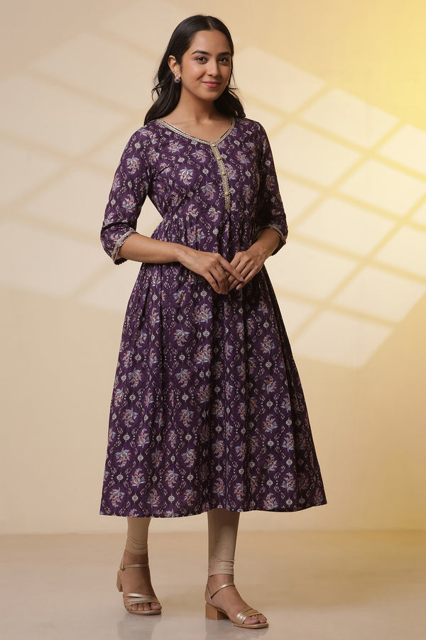 Purple Floral Printed Embellished Pure Cotton Flared Kurta & Tights Set with Dupatta