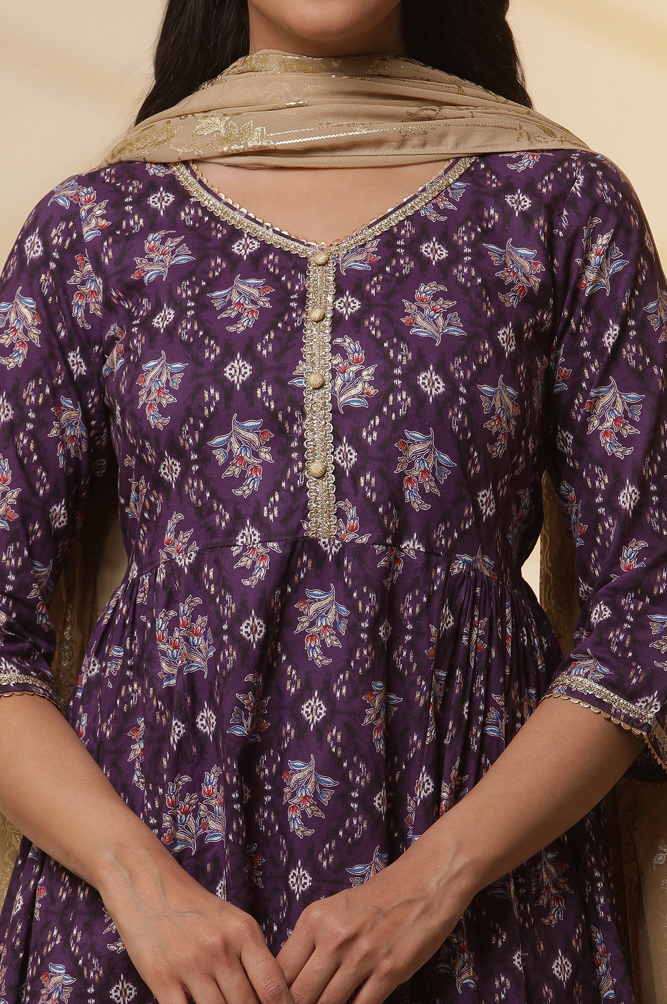 Purple-Floral-Printed-Embellished-Pure-Cotton-Flared-Kurta-&amp;-Tights-Set-with-Dupatta