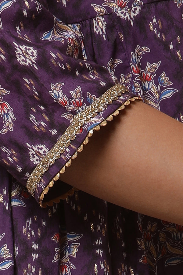 Purple Floral Printed Embellished Pure Cotton Flared Kurta & Tights Set with Dupatta