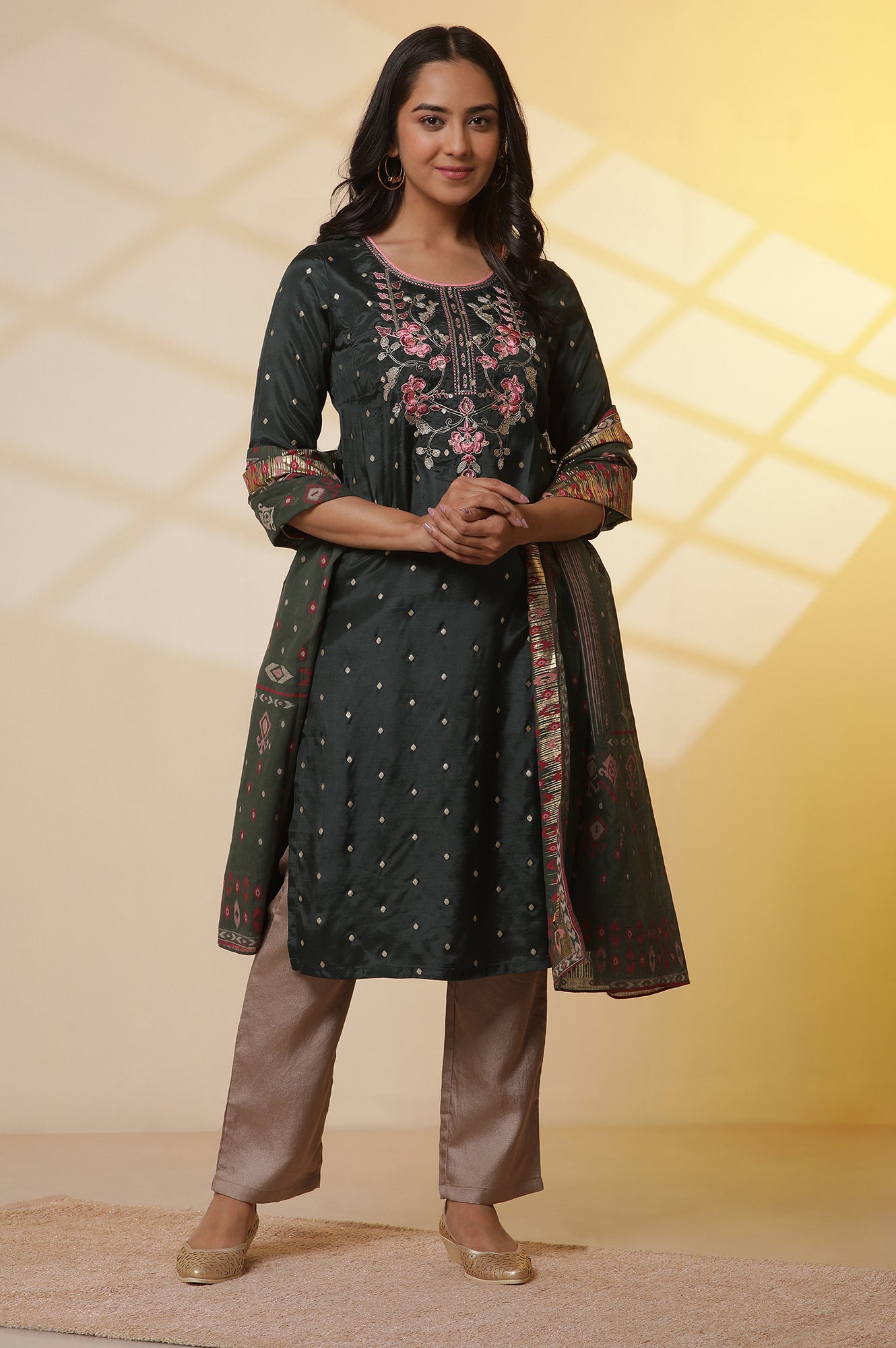 Green-Zari-Embroidered-Shantung-Kurta,-Trousers-and-Ikkat-Printed-Dupatta-Set