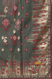 Green-Zari-Embroidered-Shantung-Kurta,-Trousers-and-Ikkat-Printed-Dupatta-Set