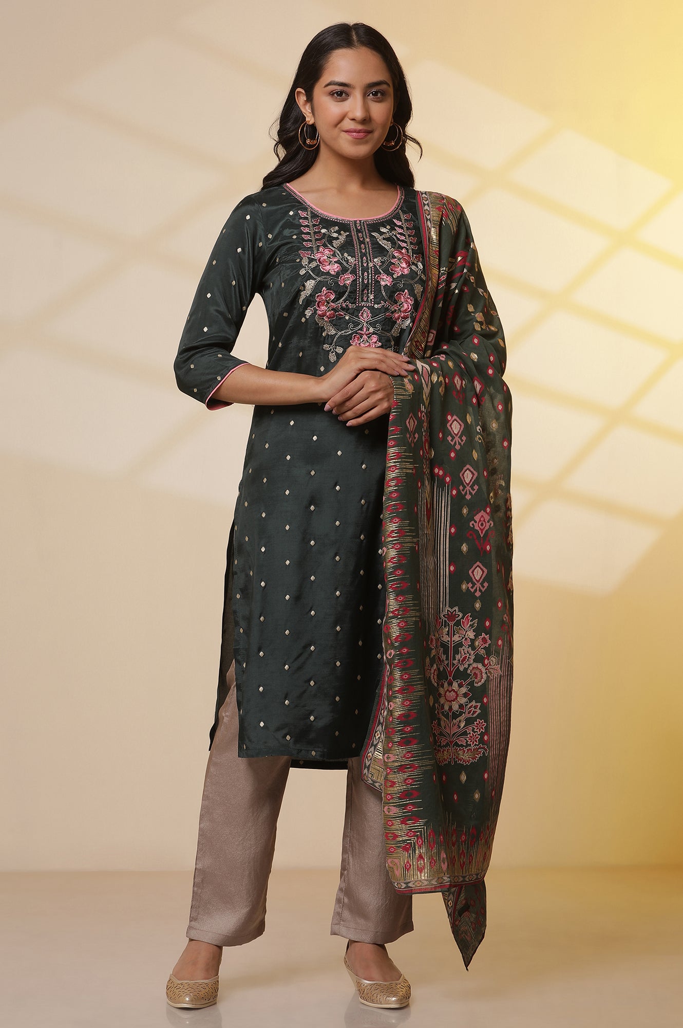 Green-Zari-Embroidered-Shantung-Kurta,-Trousers-and-Ikkat-Printed-Dupatta-Set