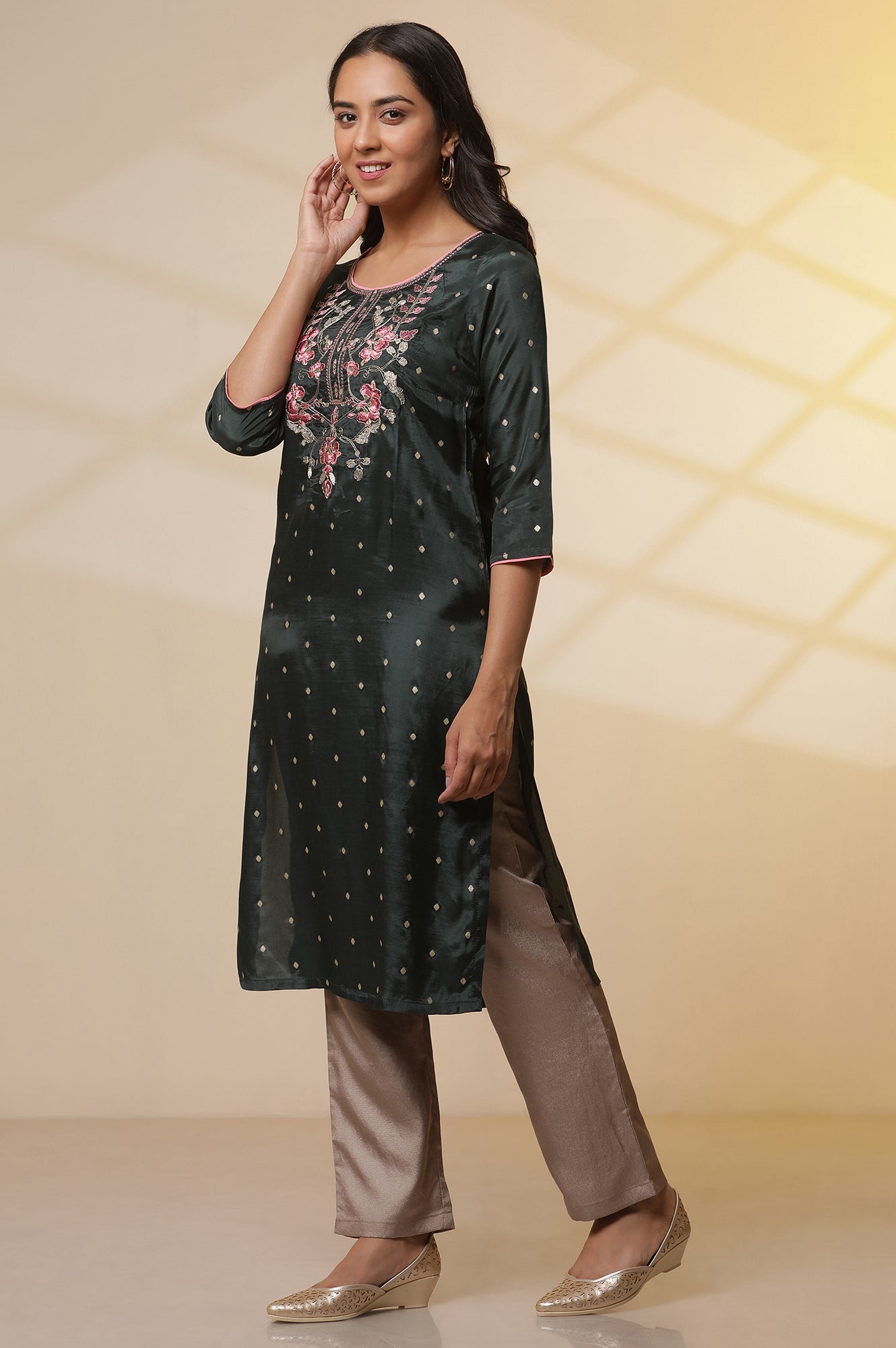 Green-Zari-Embroidered-Shantung-Kurta,-Trousers-and-Ikkat-Printed-Dupatta-Set