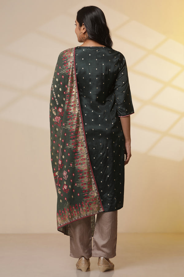 Green Zari Embroidered Shantung Kurta, Trousers and Ikkat Printed Dupatta Set
