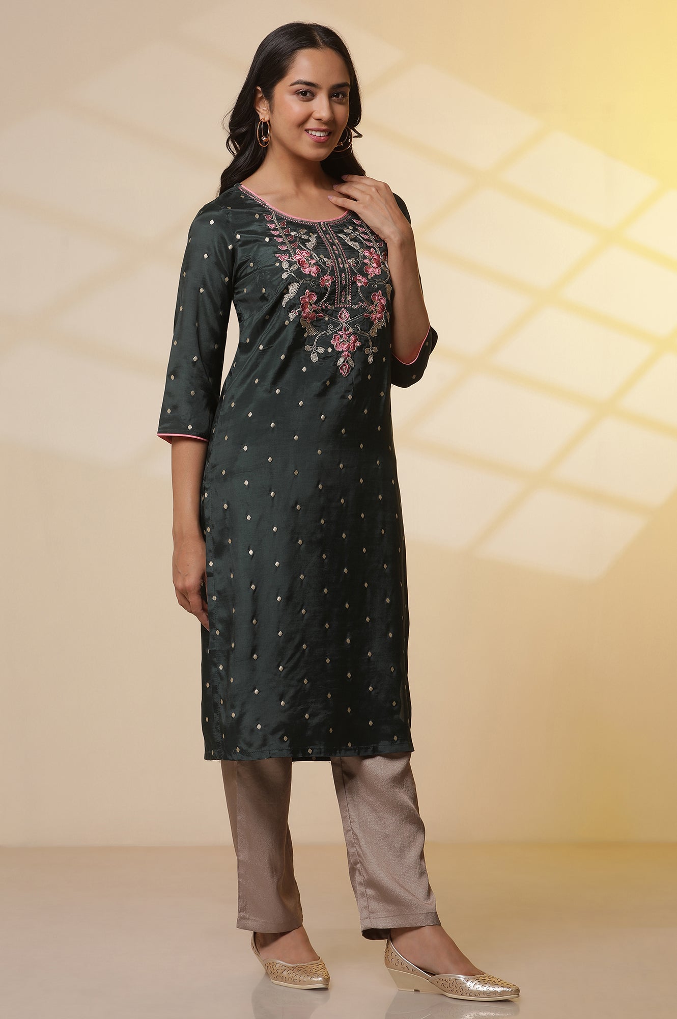 Green-Zari-Embroidered-Shantung-Kurta,-Trousers-and-Ikkat-Printed-Dupatta-Set