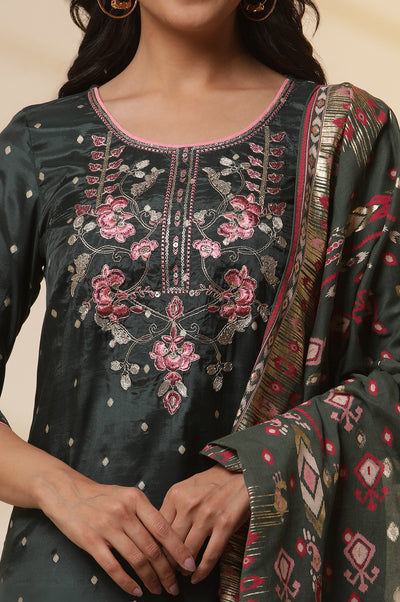 Green Zari Embroidered Shantung Kurta, Trousers and Ikkat Printed Dupatta Set