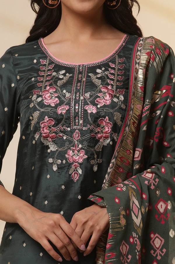 Green Zari Embroidered Shantung Kurta, Trousers and Ikkat Printed Dupatta Set