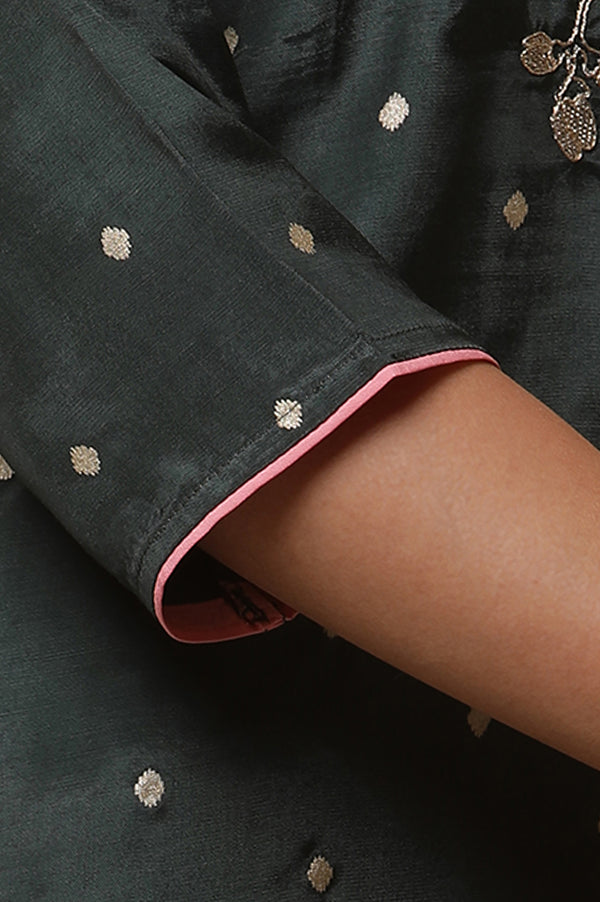 Green Zari Embroidered Shantung Kurta, Trousers and Ikkat Printed Dupatta Set