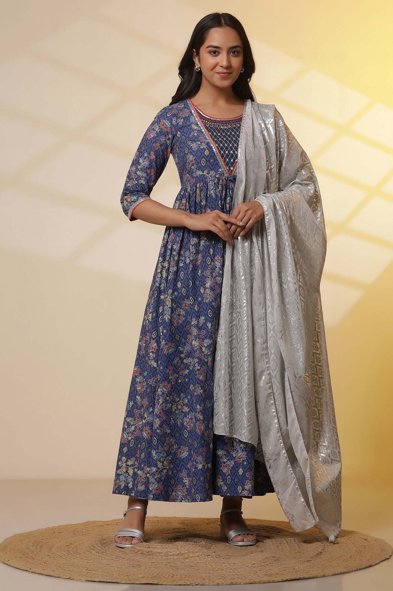 Blue-Floral-Printed-Embellished-Flared-Kurta,-Tights-and-Dupatta-Set