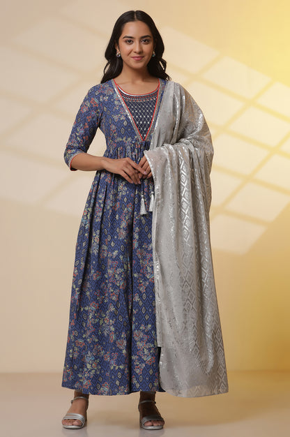 Blue-Floral-Printed-Embellished-Flared-Kurta,-Tights-and-Dupatta-Set