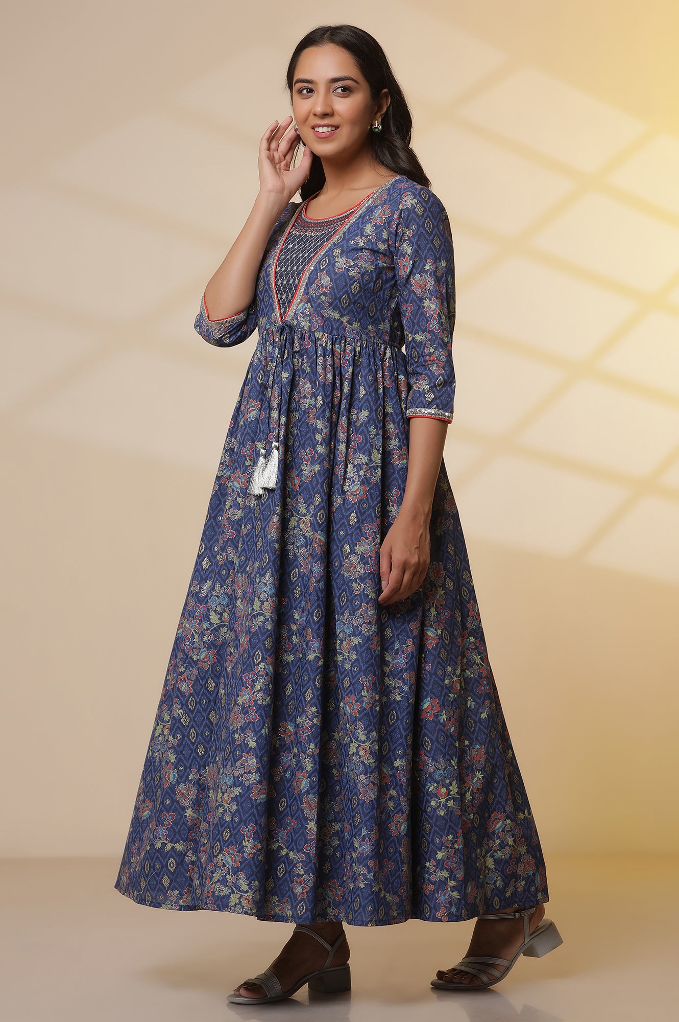 Blue-Floral-Printed-Embellished-Flared-Kurta,-Tights-and-Dupatta-Set