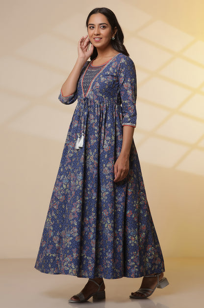 Blue-Floral-Printed-Embellished-Flared-Kurta,-Tights-and-Dupatta-Set