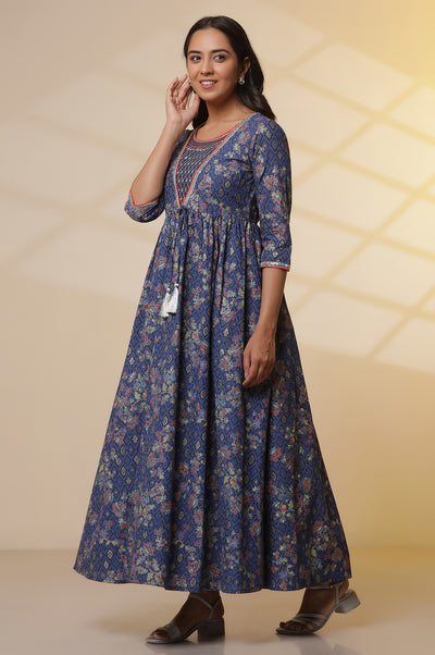 Blue Floral Printed Embellished Flared Kurta, Tights and Dupatta Set