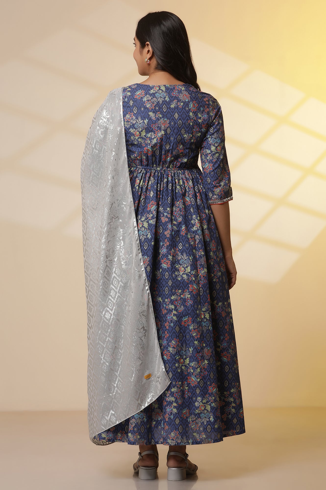 Blue-Floral-Printed-Embellished-Flared-Kurta,-Tights-and-Dupatta-Set