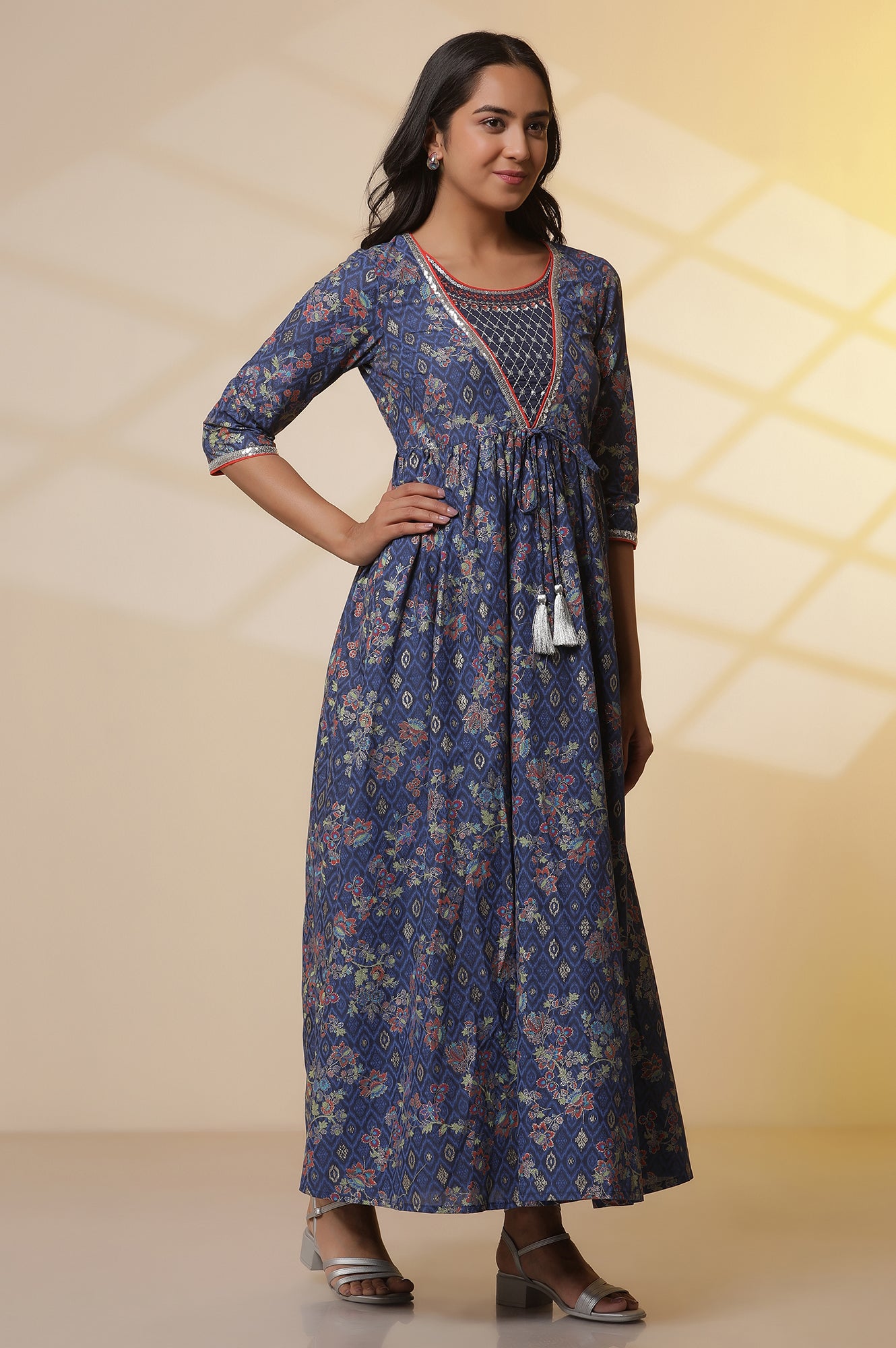 Blue-Floral-Printed-Embellished-Flared-Kurta,-Tights-and-Dupatta-Set