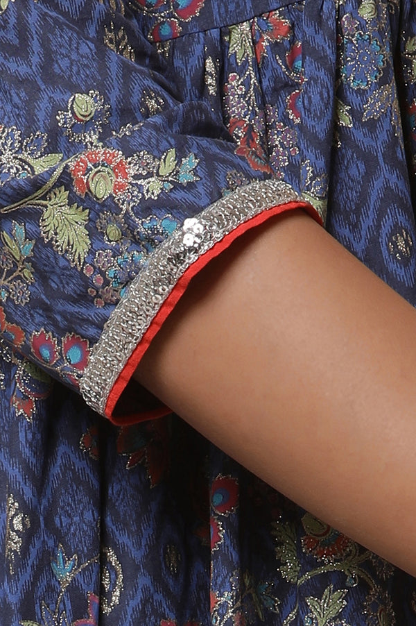 Blue Floral Printed Embellished Flared Kurta, Tights and Dupatta Set