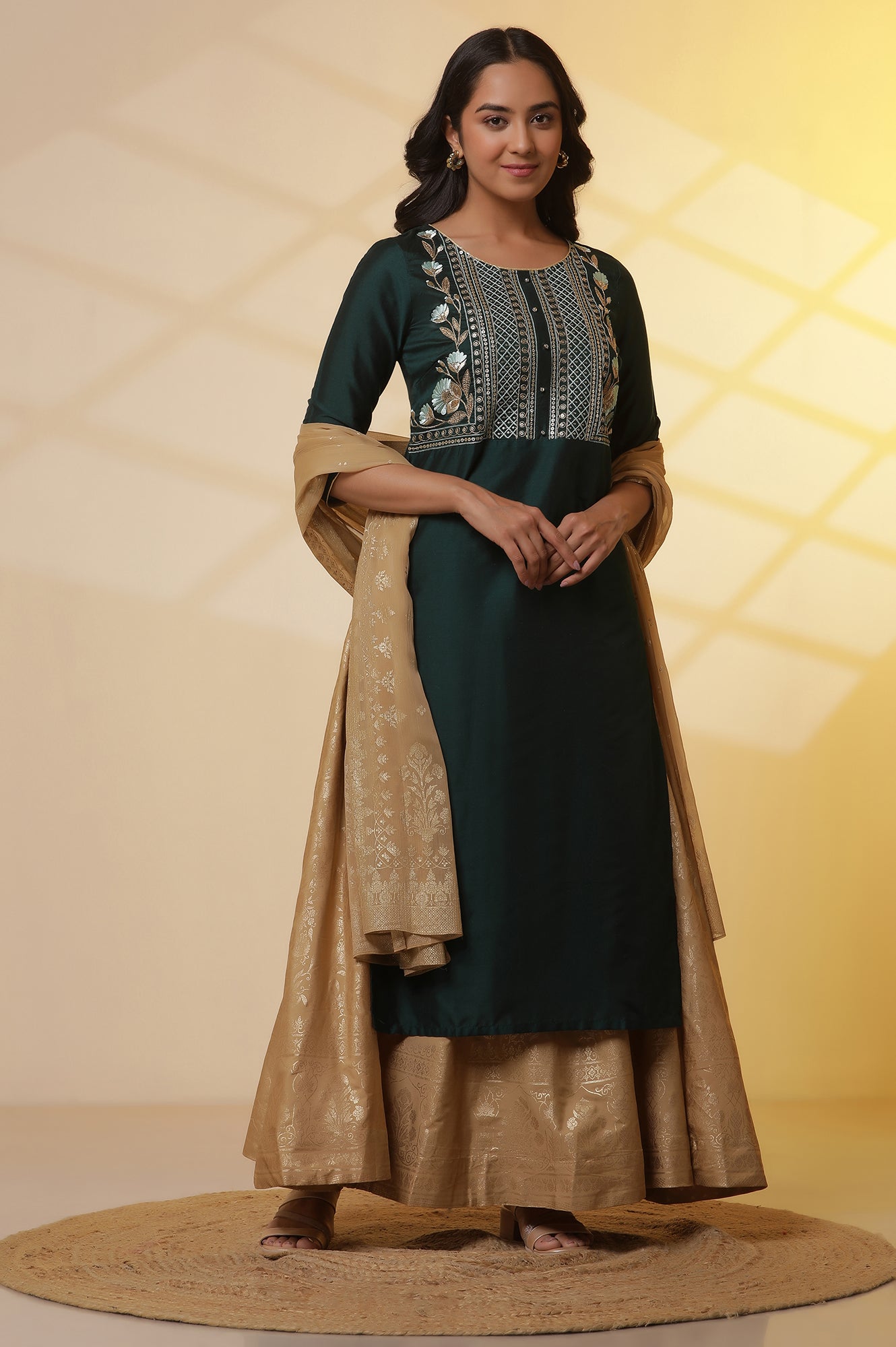 Dark-Green-Embroidered-Yoke-Kurta,-Flared-Skirta-and-Dupatta-Set