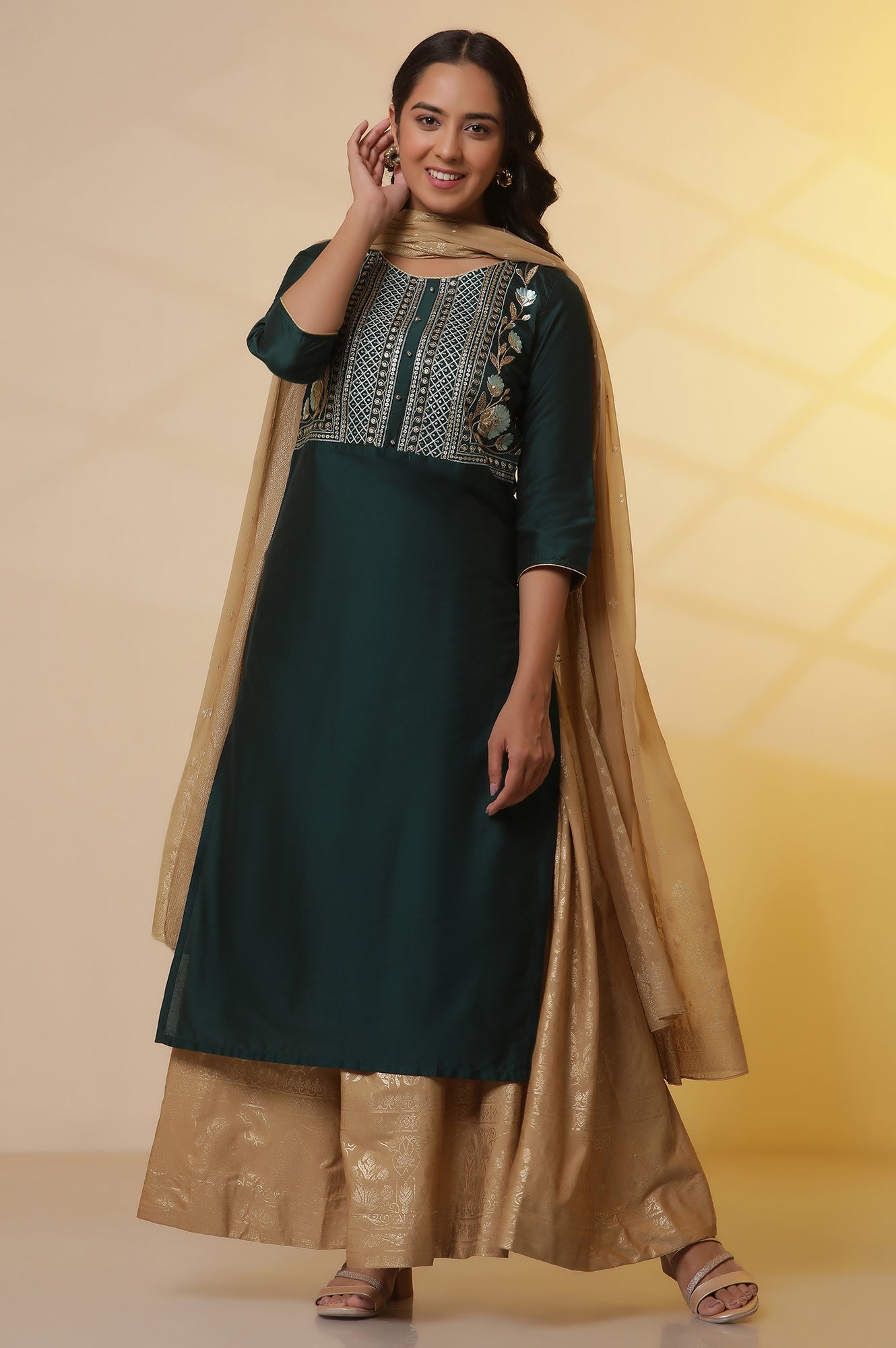 Dark-Green-Embroidered-Yoke-Kurta,-Flared-Skirta-and-Dupatta-Set