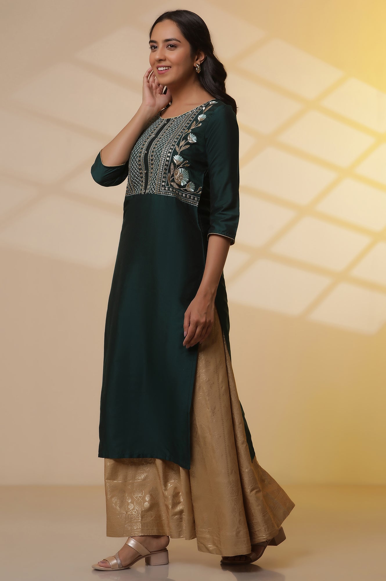 Dark-Green-Embroidered-Yoke-Kurta,-Flared-Skirta-and-Dupatta-Set