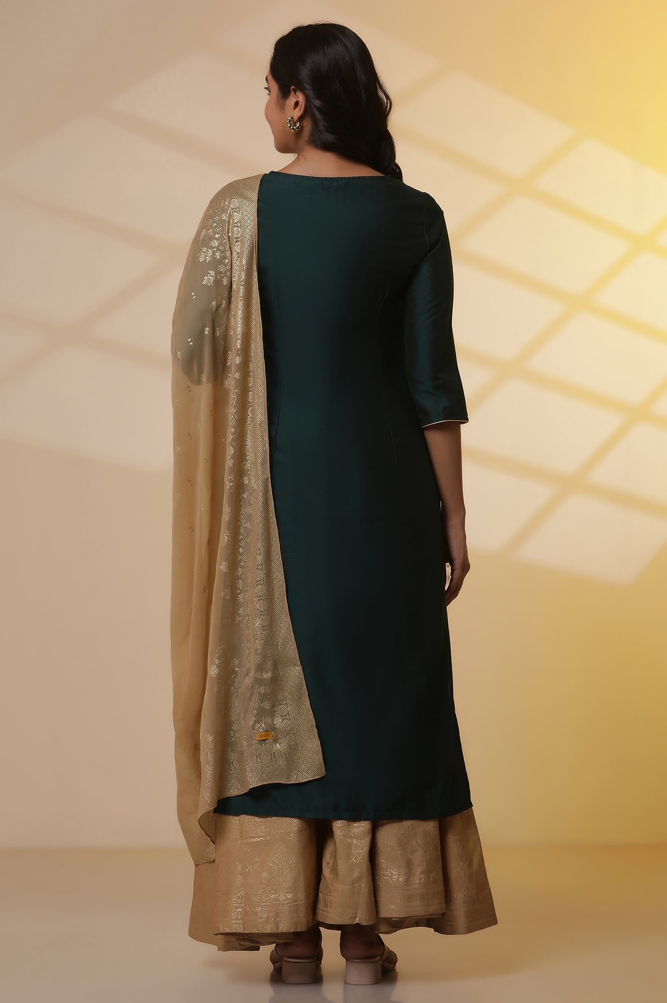 Dark-Green-Embroidered-Yoke-Kurta,-Flared-Skirta-and-Dupatta-Set