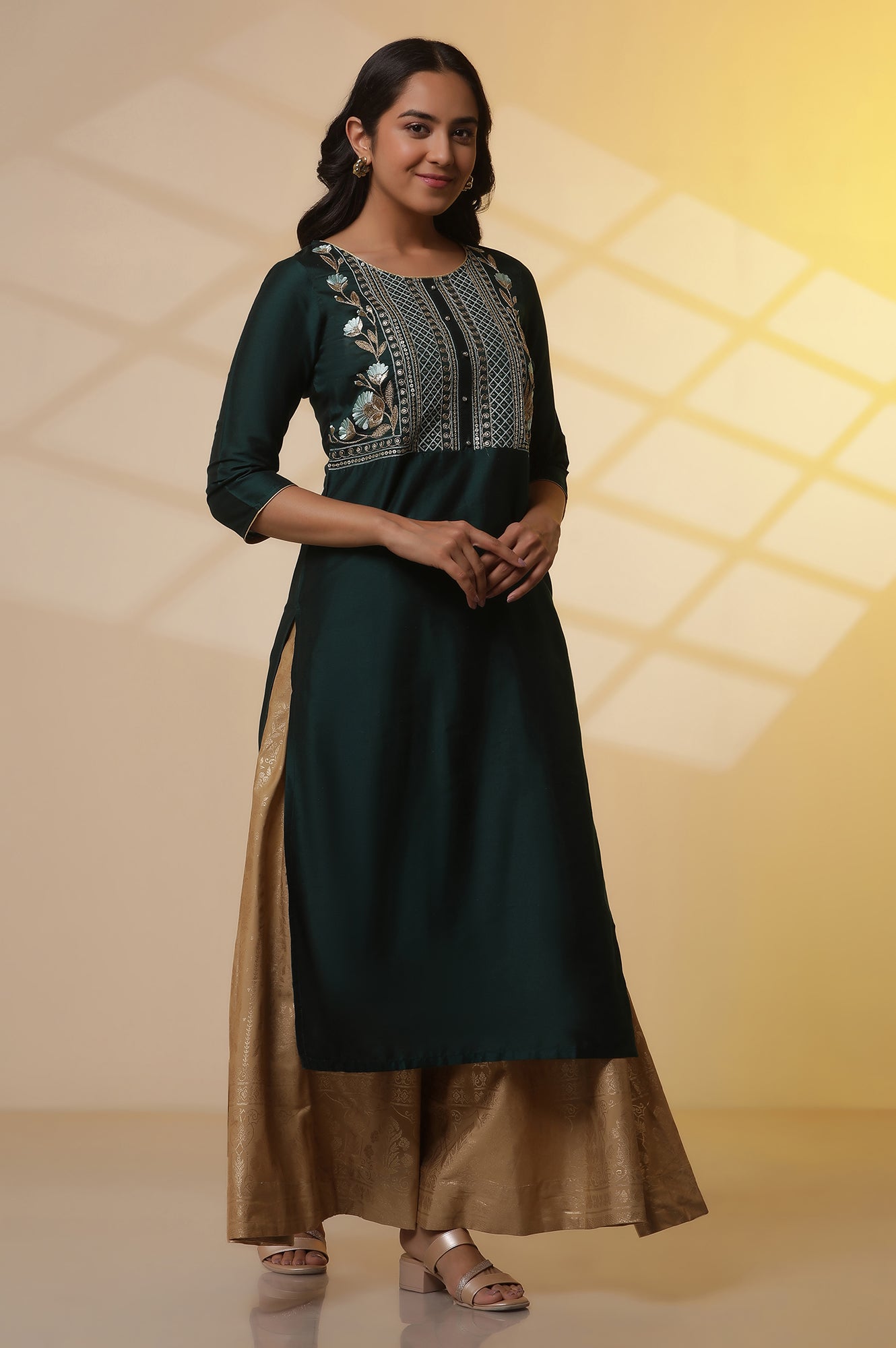 Dark-Green-Embroidered-Yoke-Kurta,-Flared-Skirta-and-Dupatta-Set