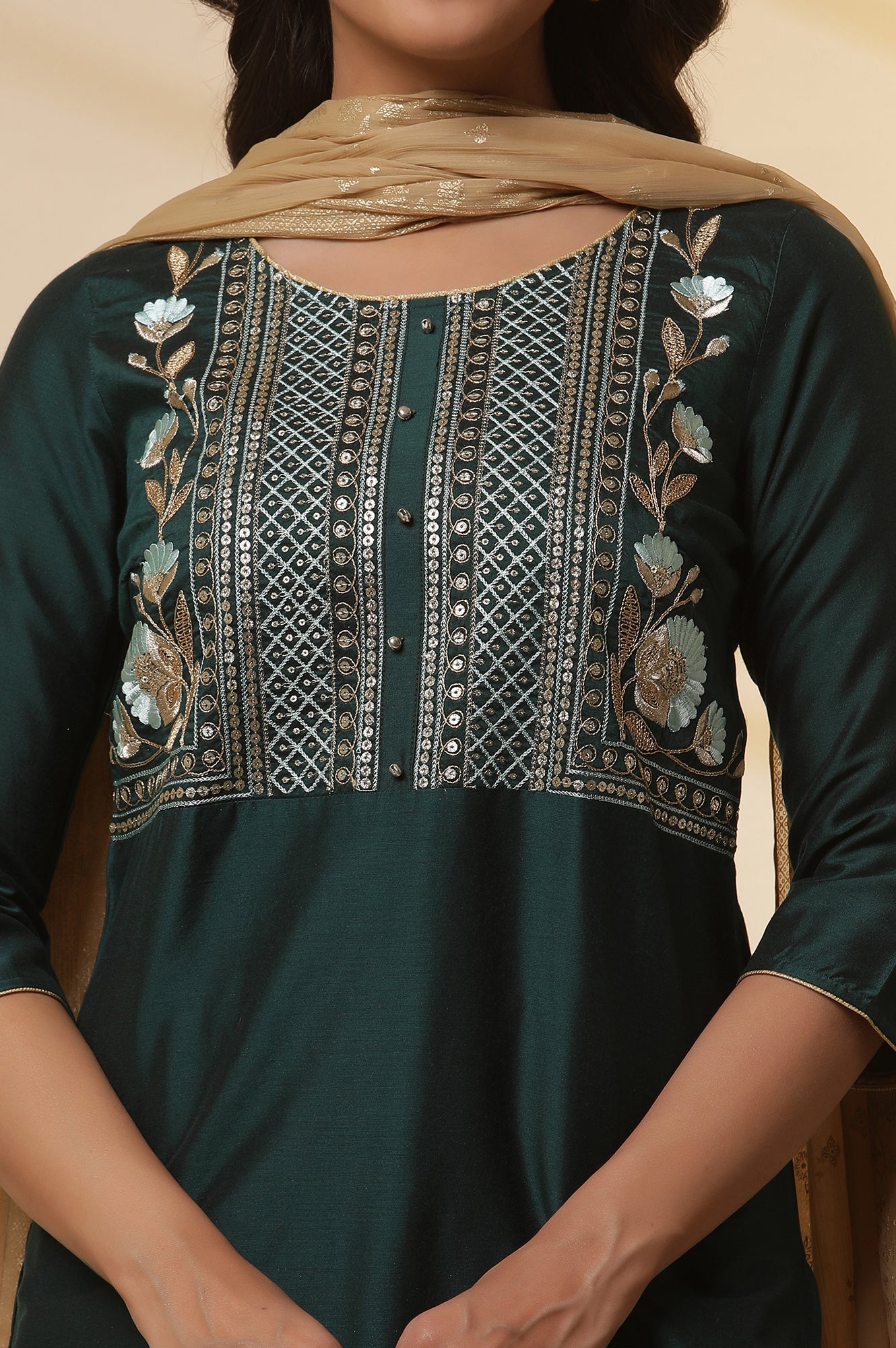 Dark-Green-Embroidered-Yoke-Kurta,-Flared-Skirta-and-Dupatta-Set