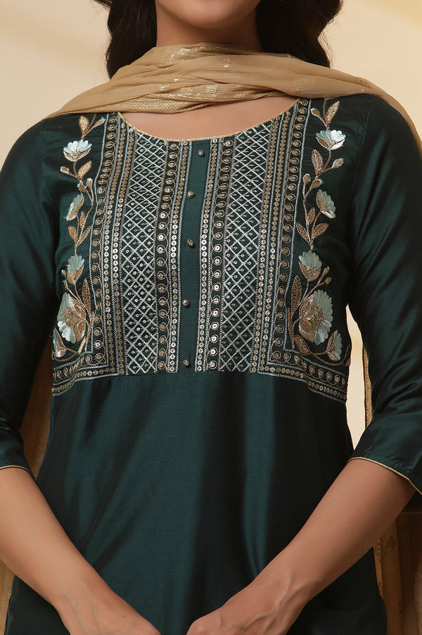 Dark Green Embroidered Yoke Kurta, Flared Skirta and Dupatta Set