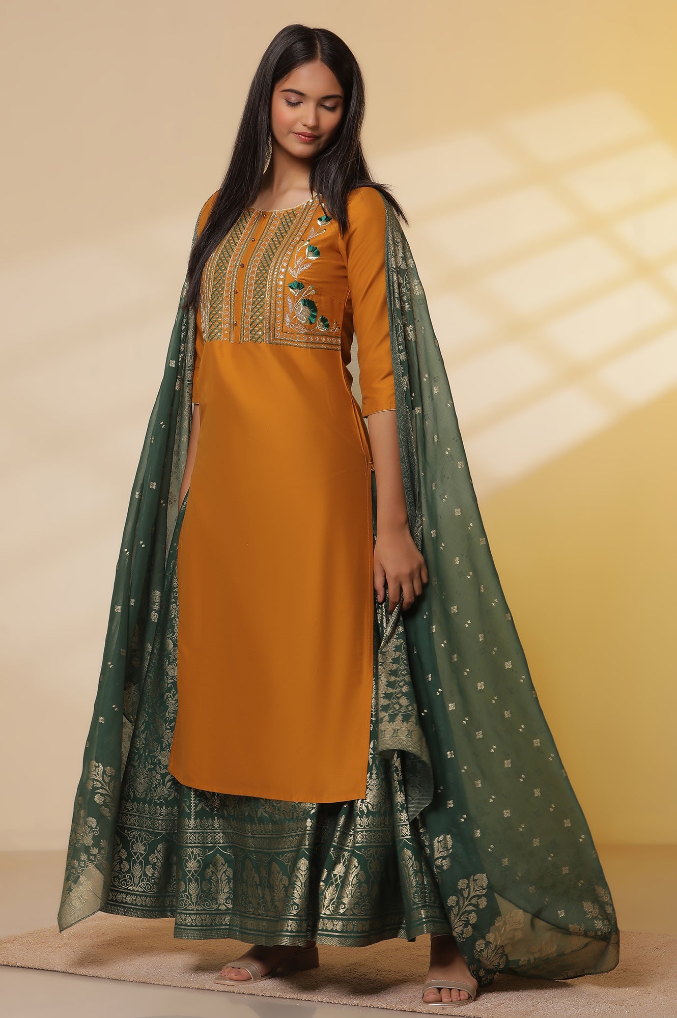 Yellow-Embroidered-Yoke-Kurta,-Green-Printed-Skirt-with-Dupatta-Set