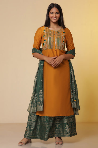 Yellow-Embroidered-Yoke-Kurta,-Green-Printed-Skirt-with-Dupatta-Set