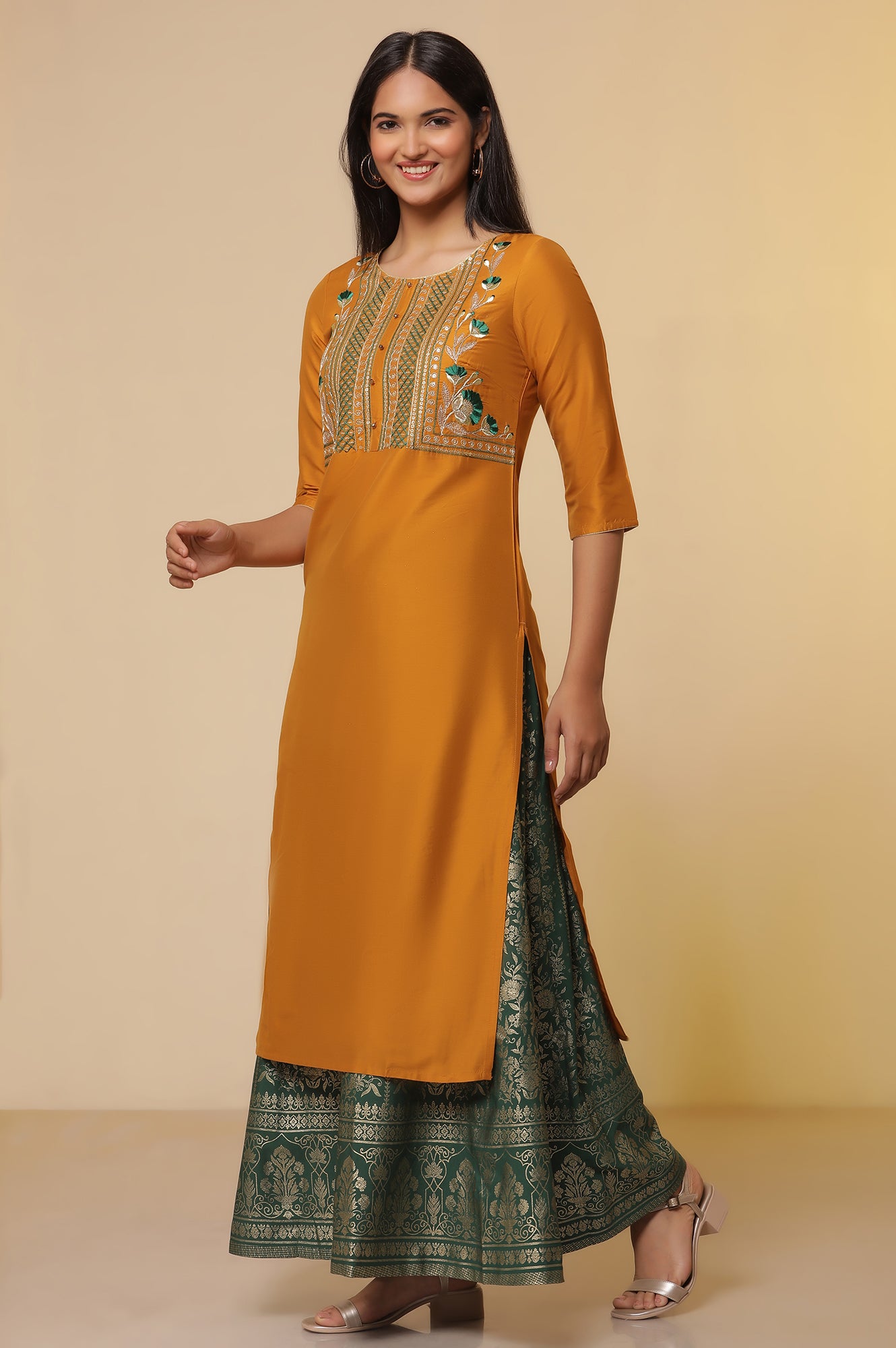 Yellow-Embroidered-Yoke-Kurta,-Green-Printed-Skirt-with-Dupatta-Set