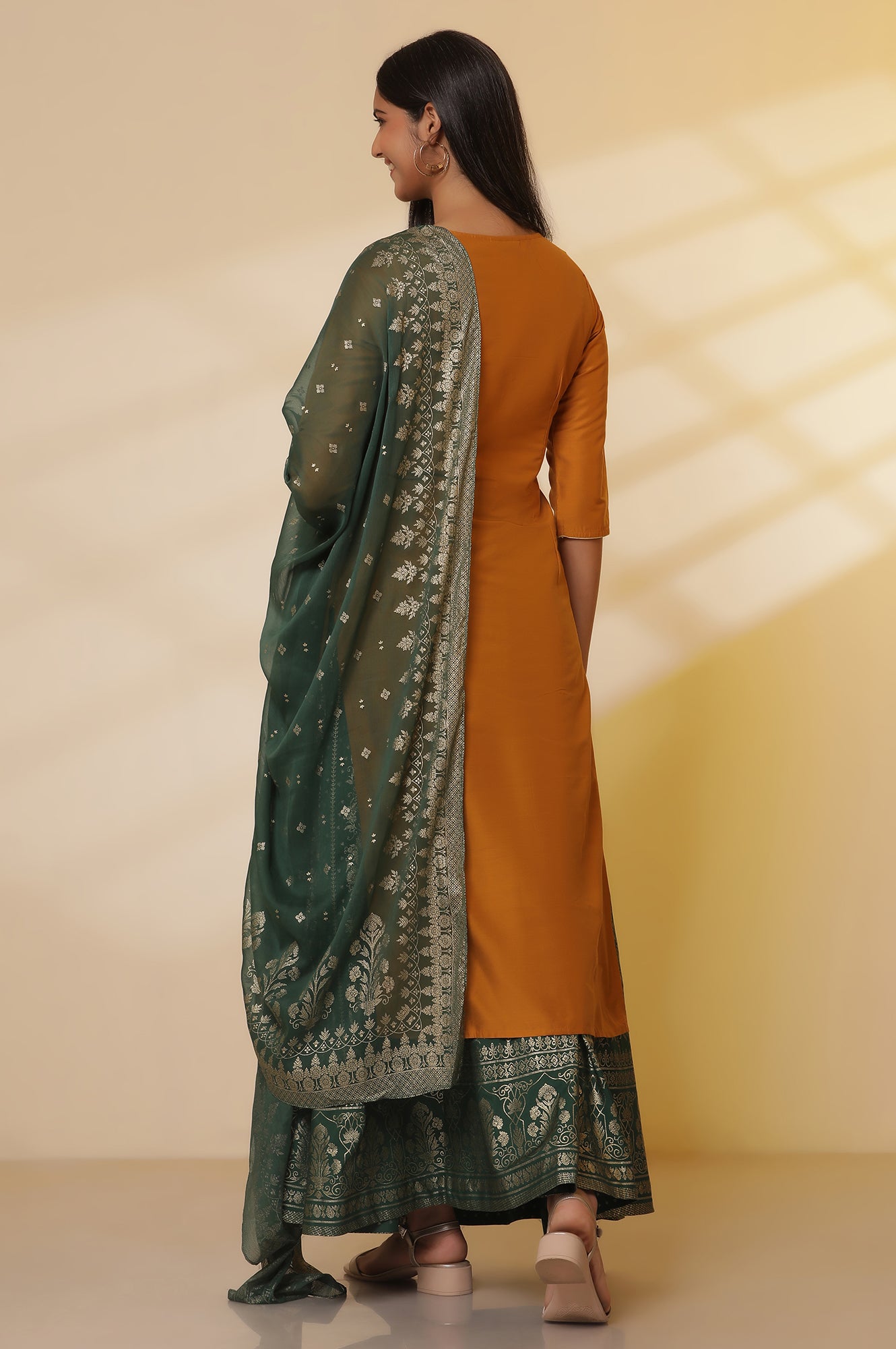 Yellow-Embroidered-Yoke-Kurta,-Green-Printed-Skirt-with-Dupatta-Set