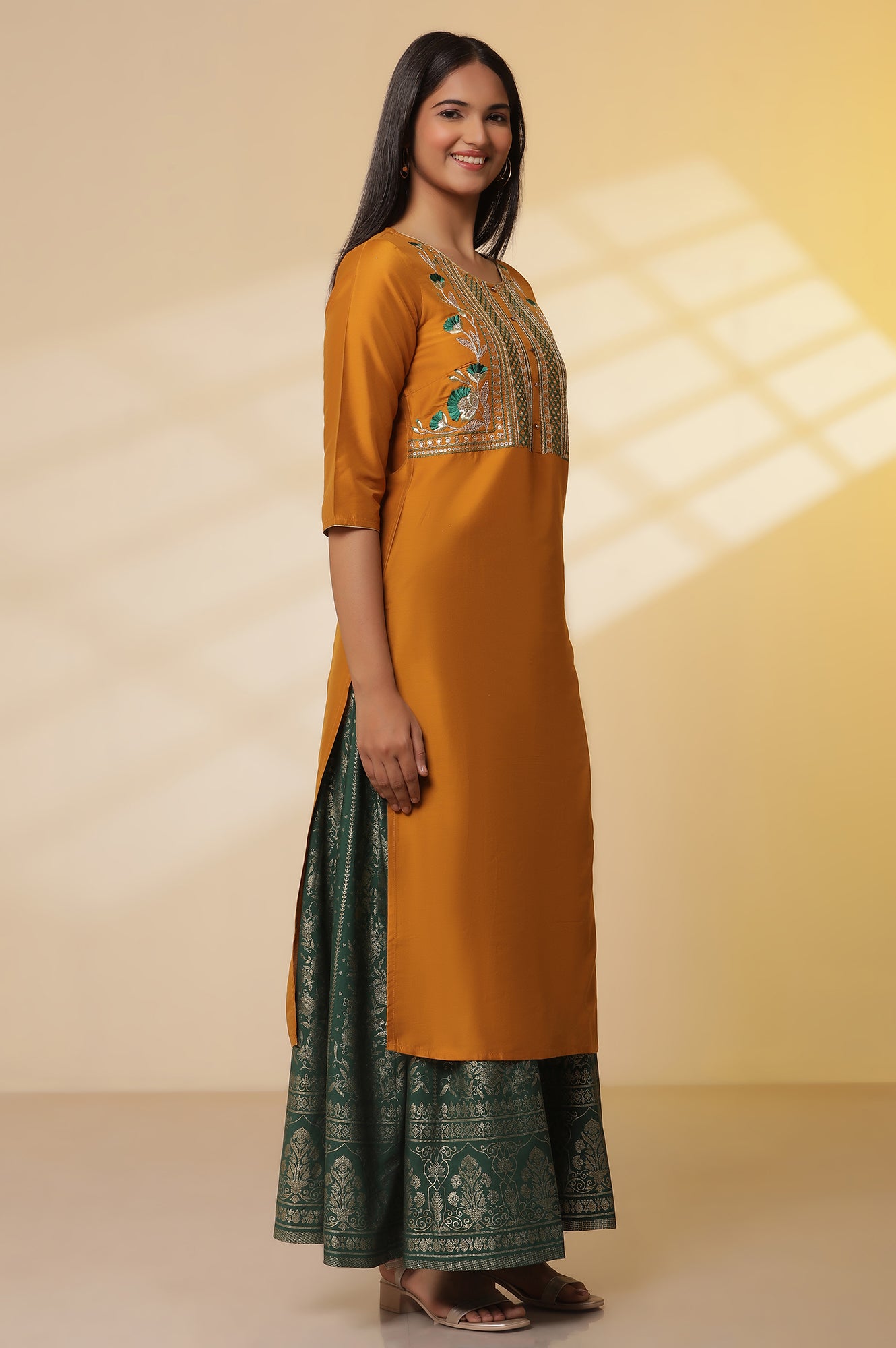 Yellow-Embroidered-Yoke-Kurta,-Green-Printed-Skirt-with-Dupatta-Set