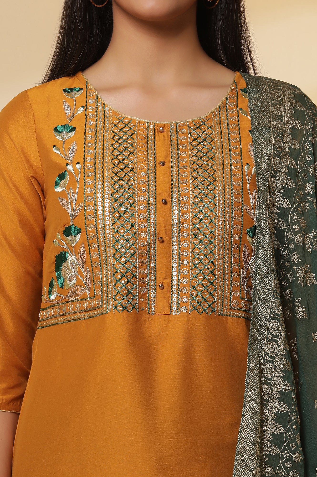 Yellow-Embroidered-Yoke-Kurta,-Green-Printed-Skirt-with-Dupatta-Set