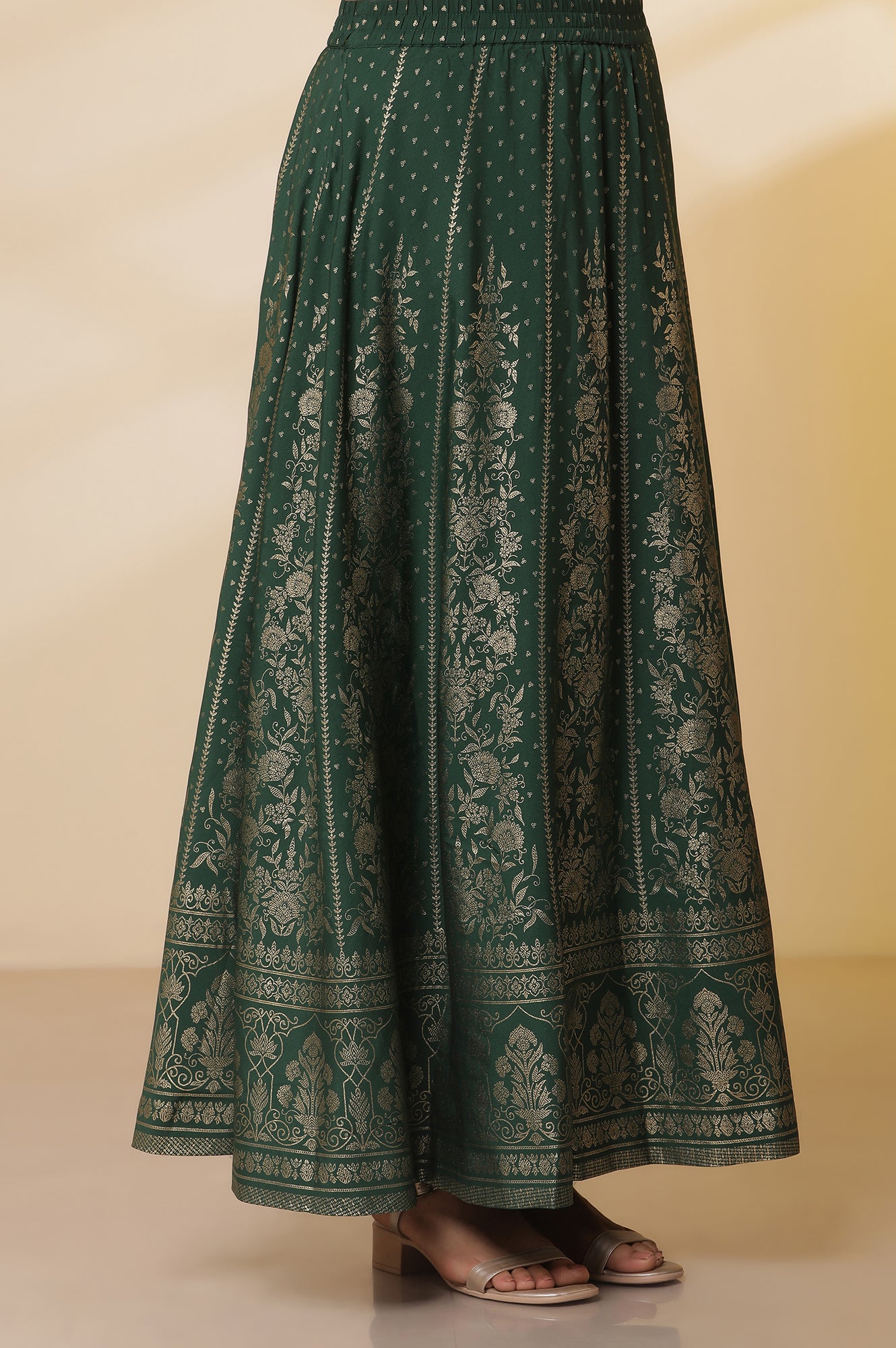 Yellow-Embroidered-Yoke-Kurta,-Green-Printed-Skirt-with-Dupatta-Set