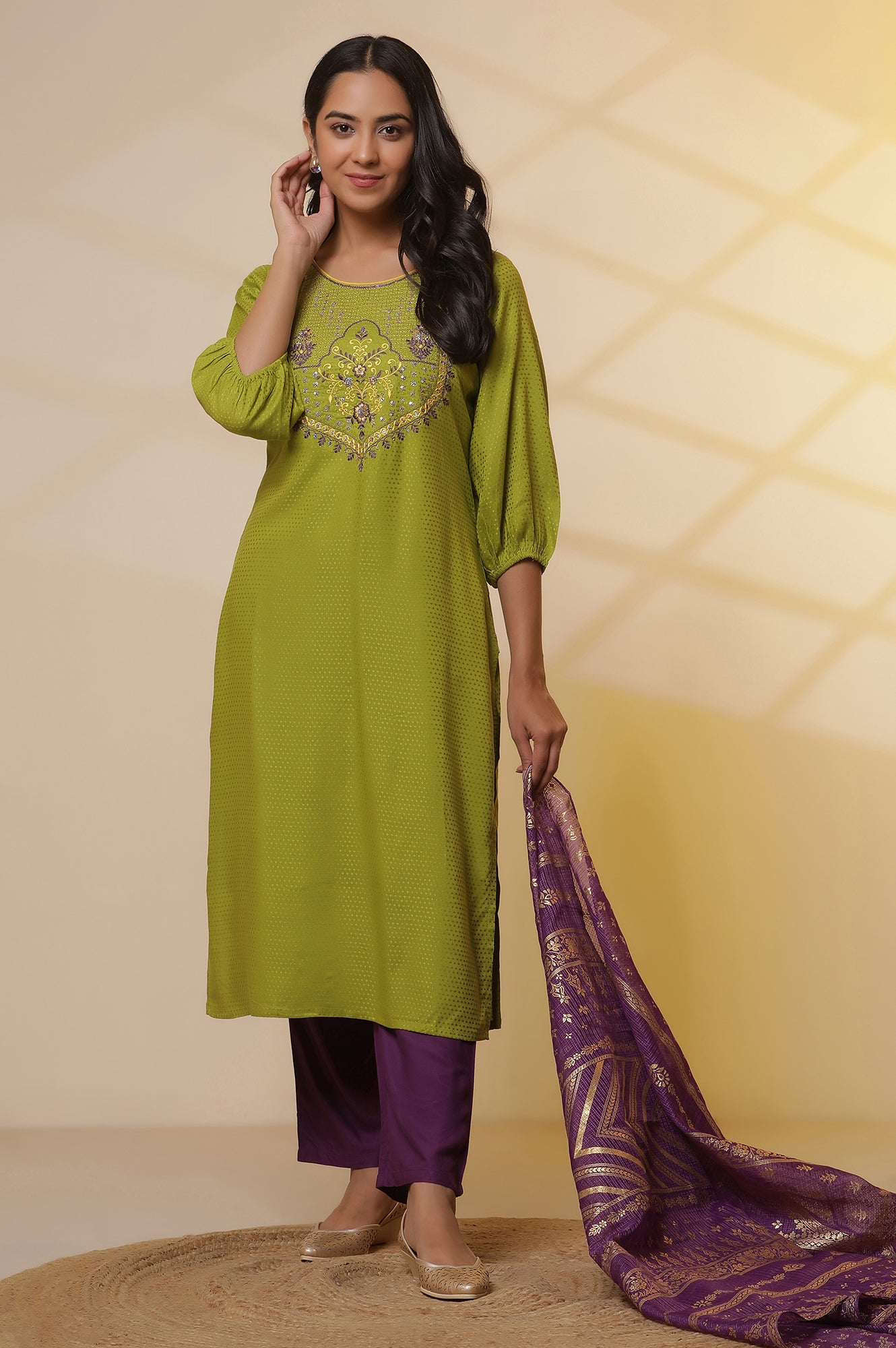 Green-Zari-Embroidered-Kurta,-Purple-Palazzo-and-Dupatta-Set