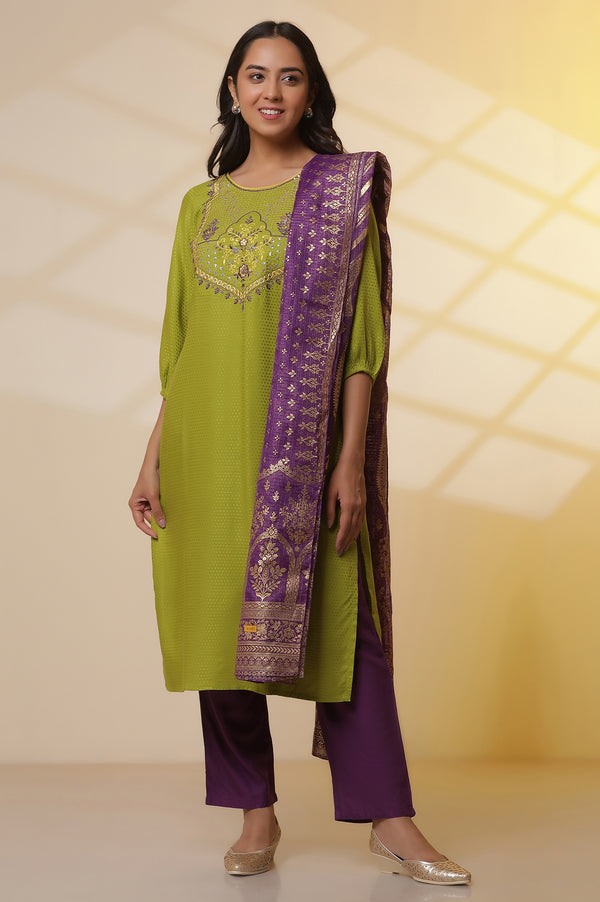 Green Zari Embroidered Kurta, Purple Palazzo and Dupatta Set