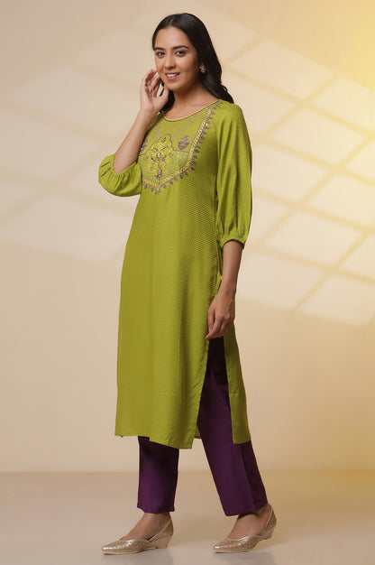 Green-Zari-Embroidered-Kurta,-Purple-Palazzo-and-Dupatta-Set