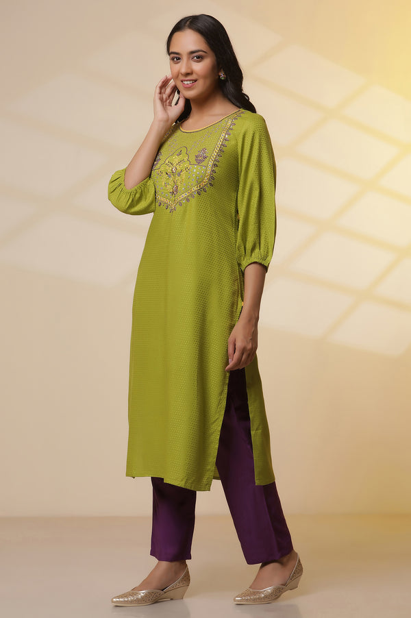 Green Zari Embroidered Kurta, Purple Palazzo and Dupatta Set