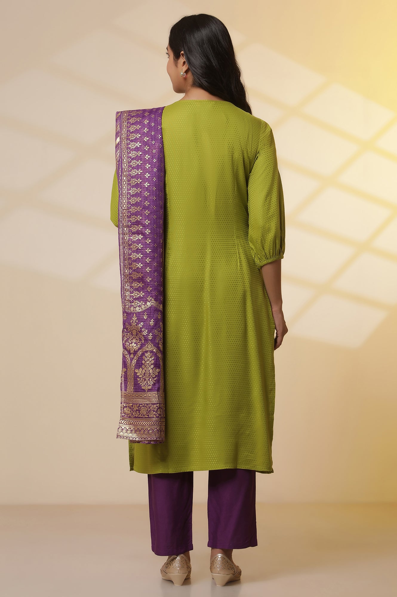 Green-Zari-Embroidered-Kurta,-Purple-Palazzo-and-Dupatta-Set